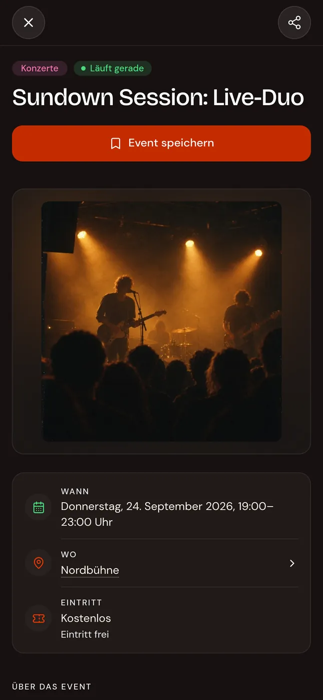 Ein Event in der App, mit Uhrzeit, Ort und Eintritt